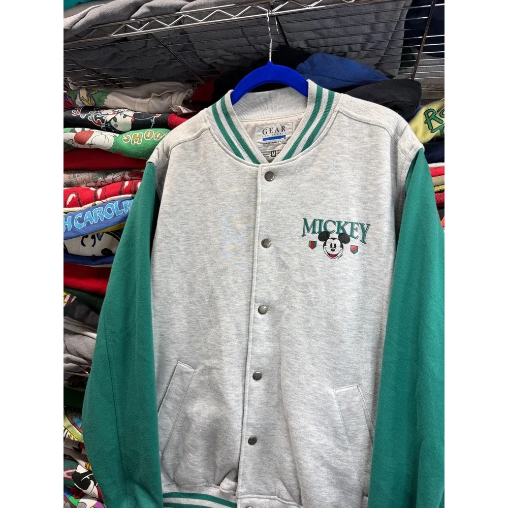 Vintage Gear For Sports Mickey Mouse Disney Varsity Bomber Jacket Grey Green M
